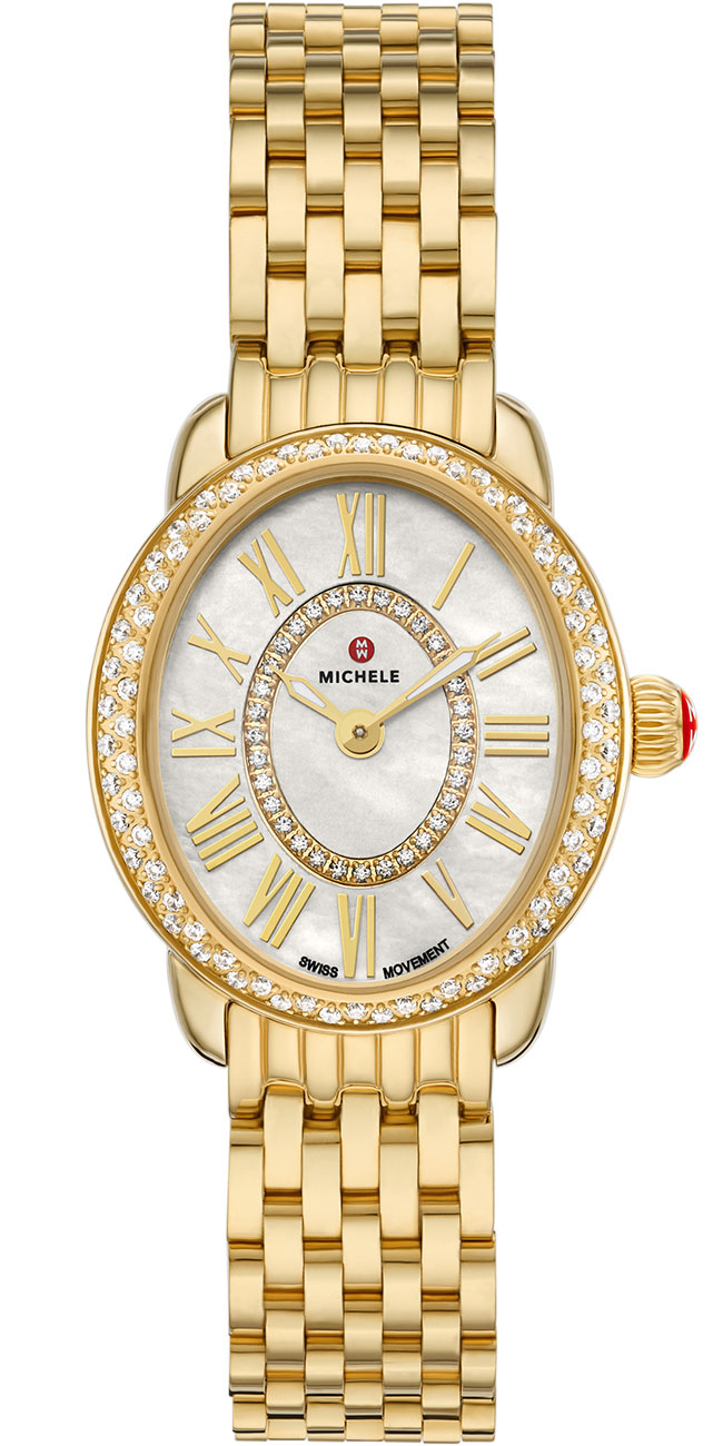 Front view of Michele Serein Oval Diamond 18K Gold-Plated Watch with White Dial