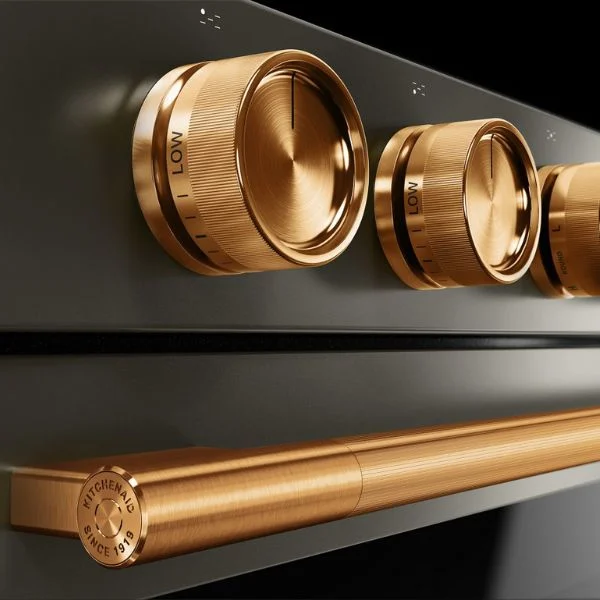 Closeup of bronze hardware on KitchenAid Black Ore range