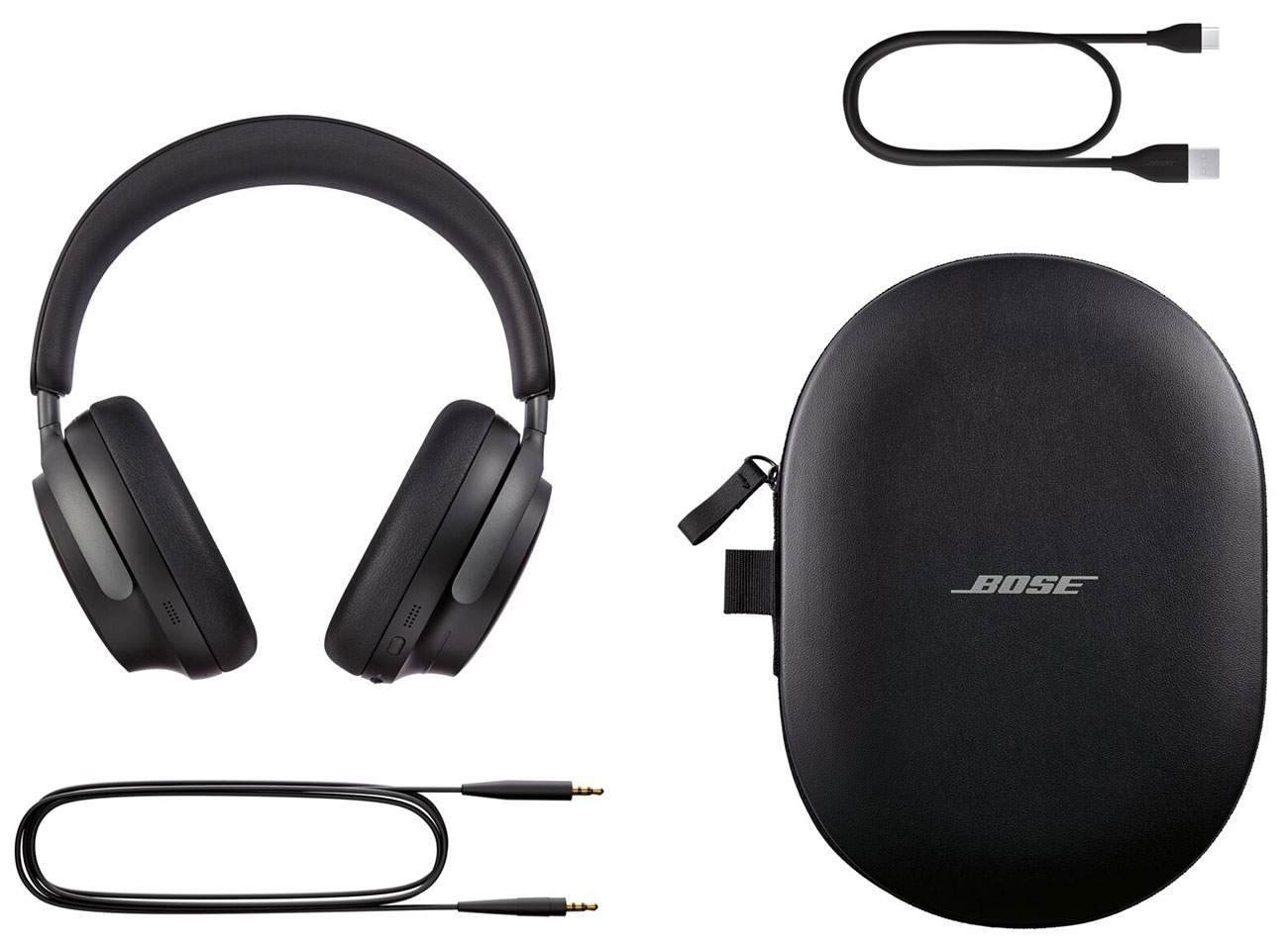 Front view of the headphones and accessories