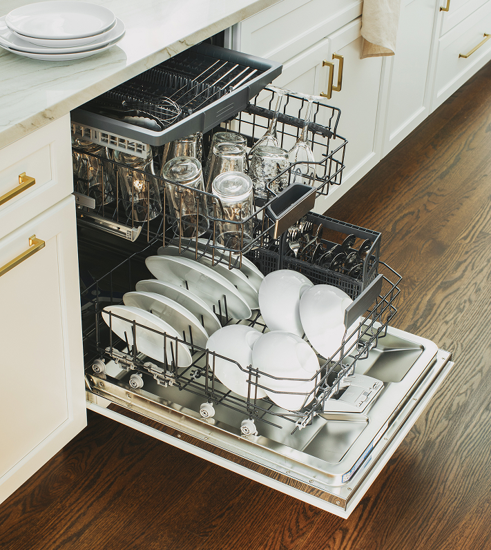 Modern kitchen with a Thermador built-in dishwasher and a sleek, contemporary sink, highlighting premium kitchen appliances and stylish design