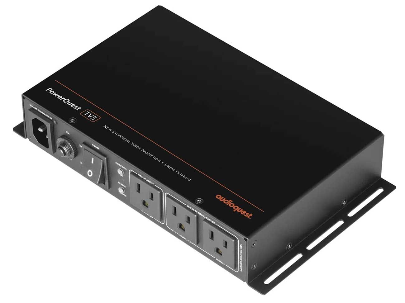 Top Angled view of AudioQuest PowerQuest TV3 3-Outlet Surge Protector for Wall-Mounted TVs 1