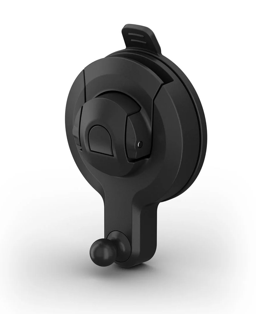 Angled Front View of Garmin Dash Cam Universal Suction Cup Mount In Black