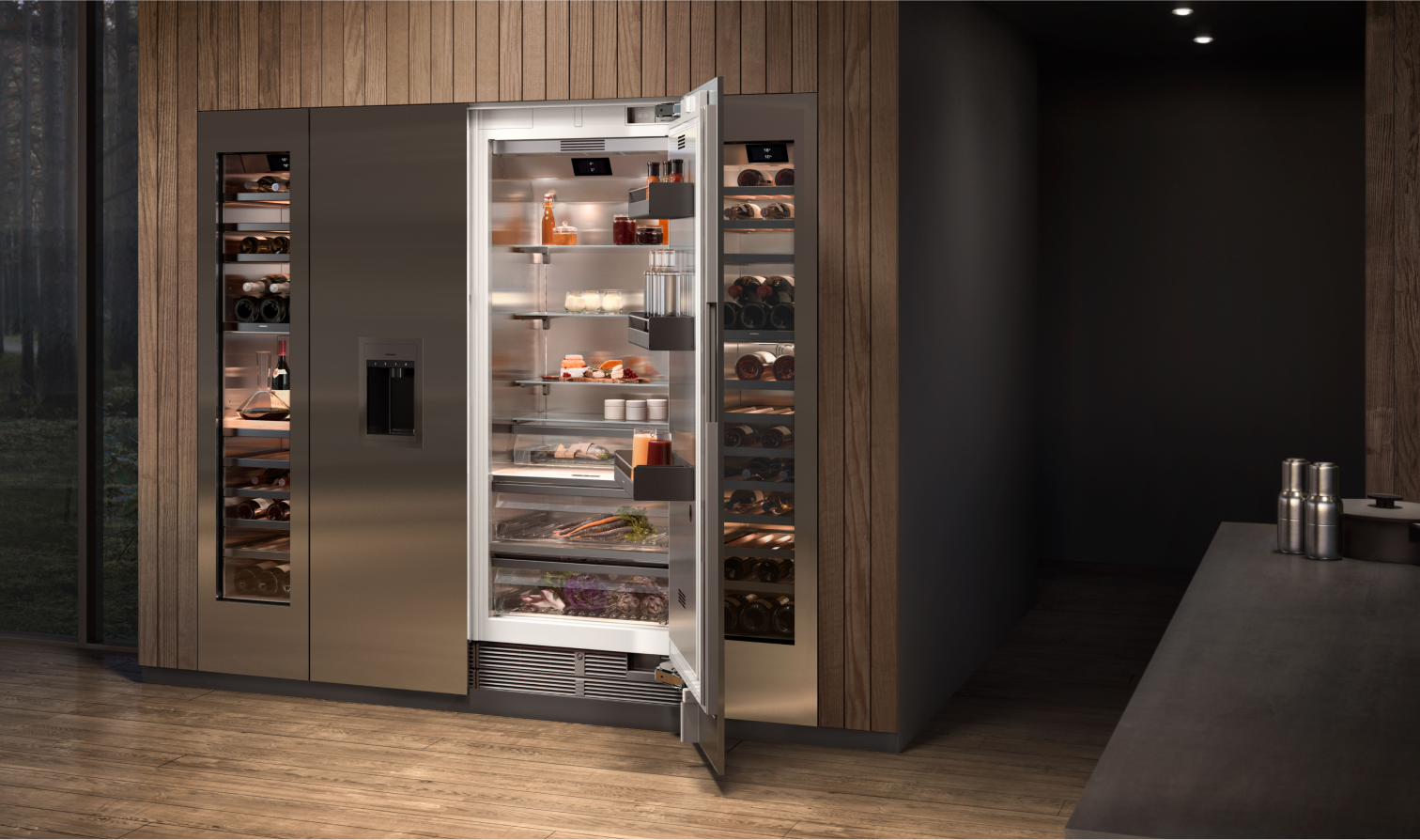 A contemporary Gaggenau refrigerator with a glass door ajar, revealing its stylish interior and advanced features