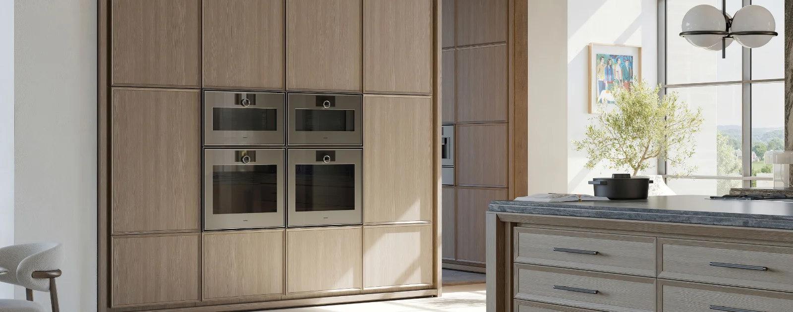 A contemporary Gaggenau refrigerator with a glass door ajar, revealing its stylish interior and advanced features