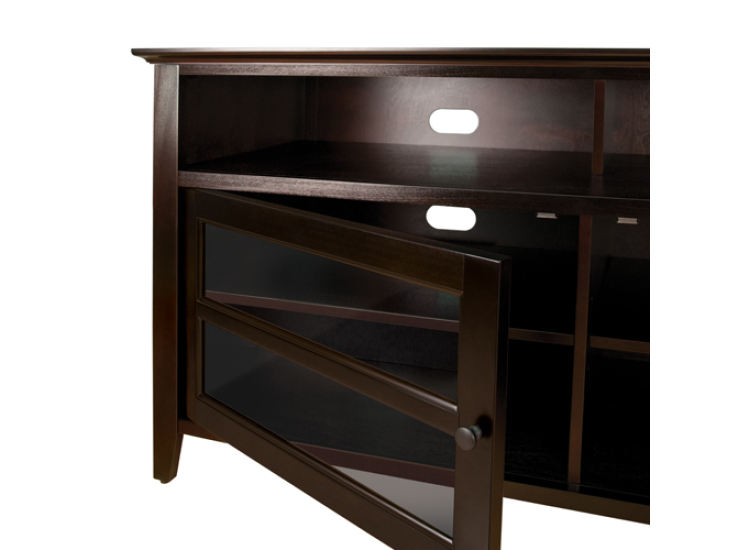Dark brown wooden entertainment center with open door