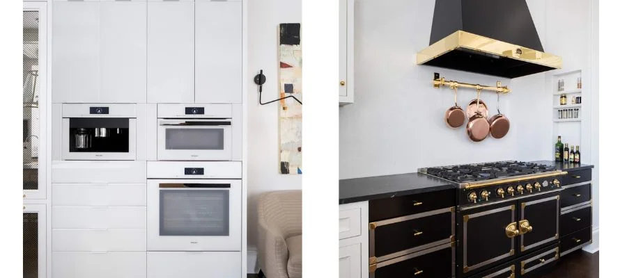 Two photos of kitchens: one on the left with a white wall oven and wall microwave as well as a built-in espresso machine. On the right, a black La Cornue range and matching range hood