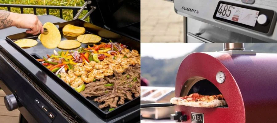 Images of grills being used: on the right is the new Weber Summit with a touchscreen, below that is a red Alfa pizza oven. To the left of that is a new griddle covered in ingredients for tacos.
