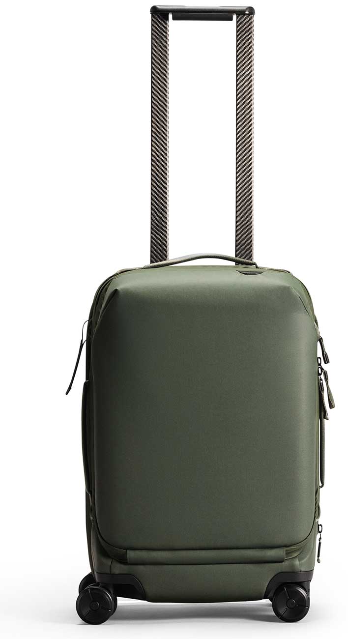 Front View Of The Peak Design Roller Pro Carry-On Luggage In Sage Finish
