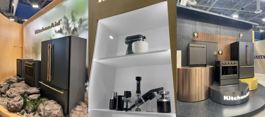 side-by-side images of dark green appliances, a shelving unit with small appliances, and metallic black appliances with brass hardware
