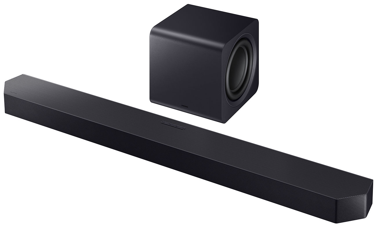 Front Right View of Samsung Soundbar with Subwoofer and Remote