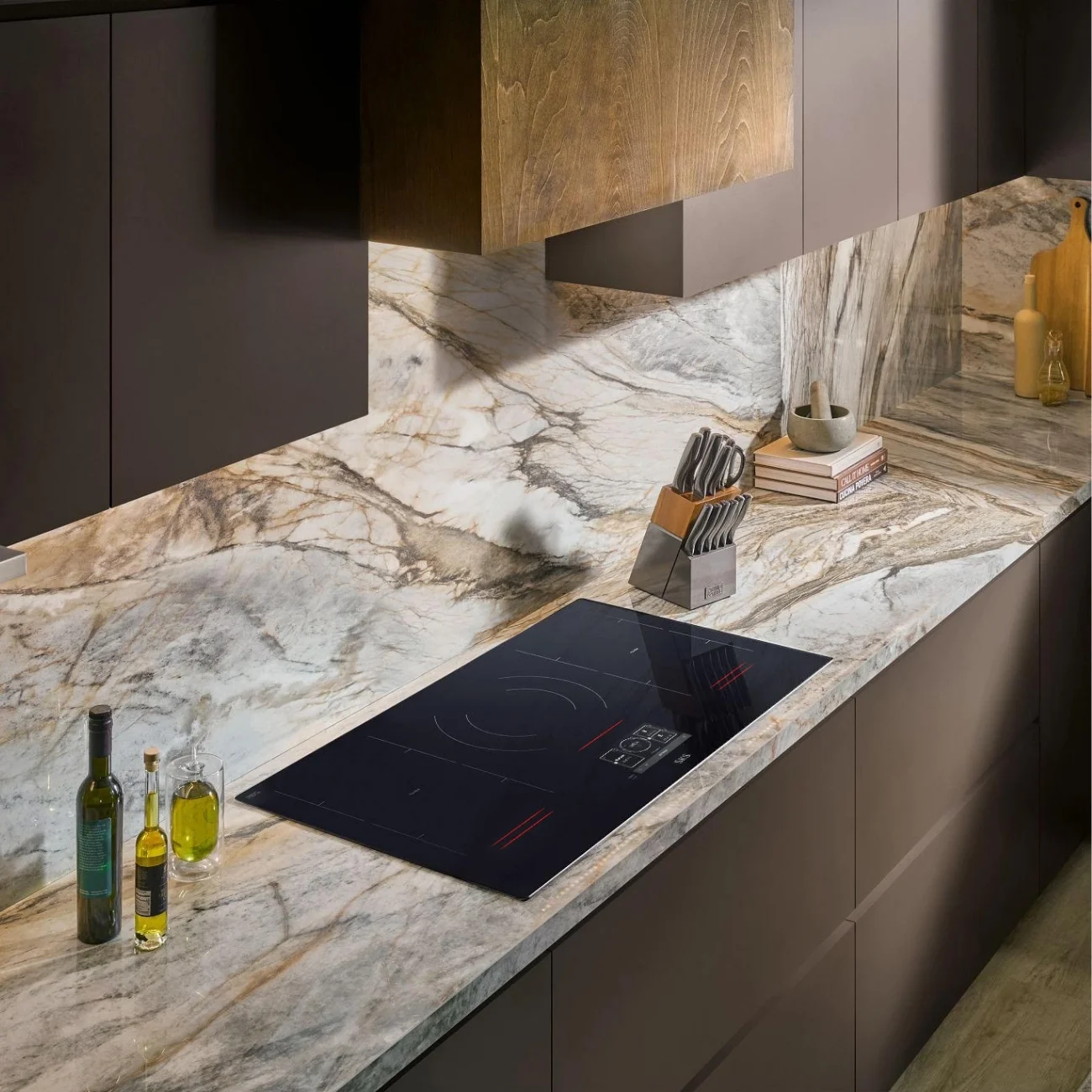 SKS cooktop installed in a marble kitchen countertop