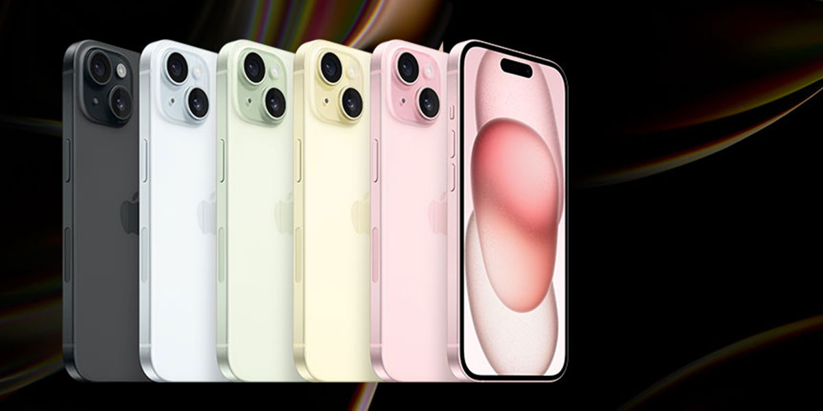 angled view of iPhone 15 models in multiple colors