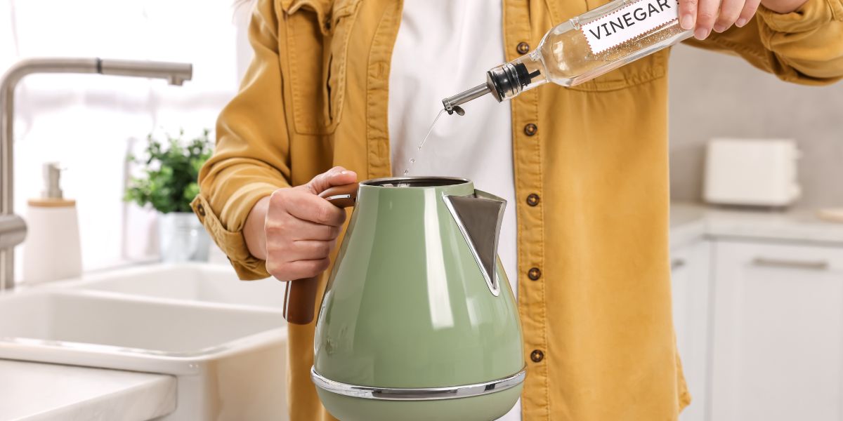 A person is descaling an olive green kettle using the vinegar method.