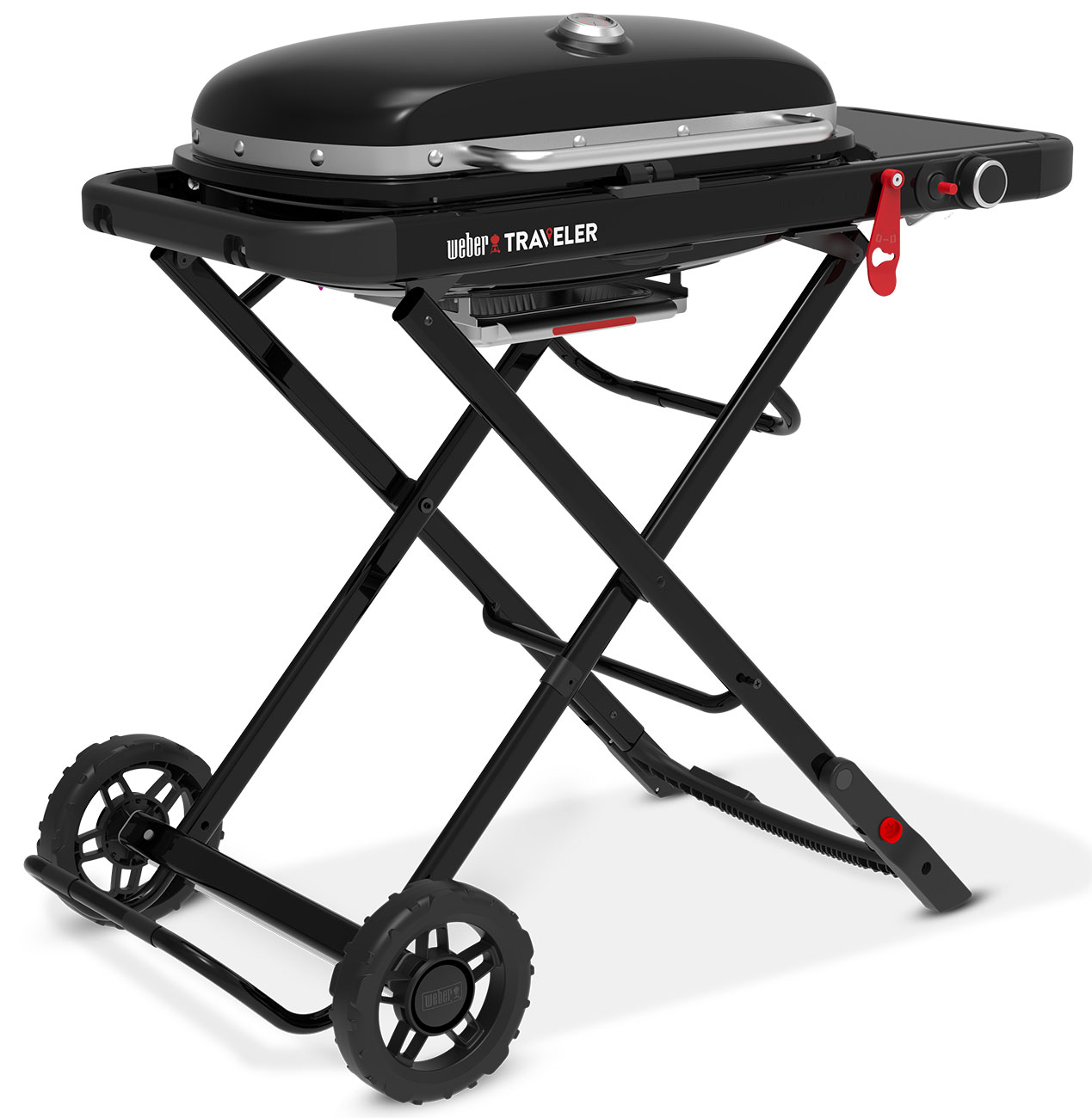 Angled right view of Weber Traveler Portable Liquid Propane Gas Grill in Black
