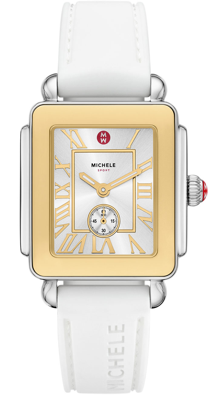 Front view of Michele Deco Sport Mid Two-Tone Watch 31mm with White Dial