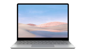 Thin laptop open showing colorful sand dunes on the screen