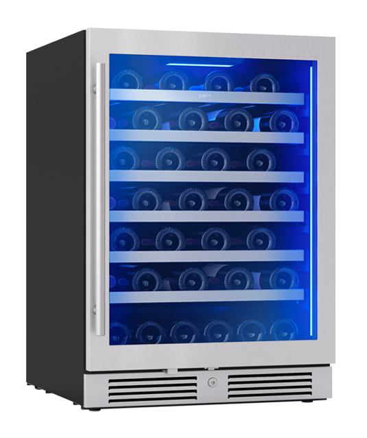 Angled Front View of Zephyr Preserve Single Zone Wine Cooler In Stainless
