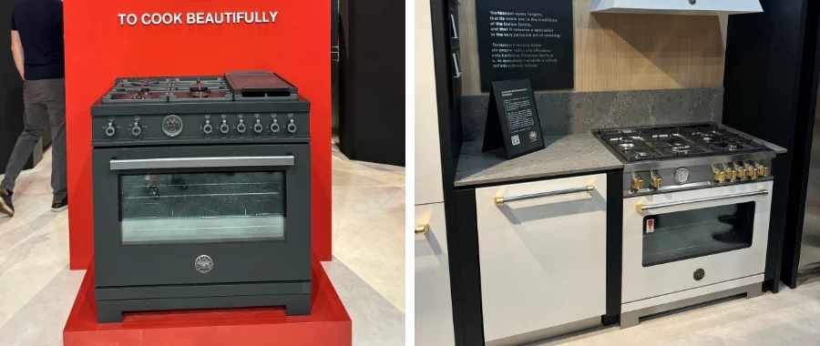 A Bertazzoni range in a Carbonio finish and a Bertazzoni range in a Bianco finish at KBIS 2025
