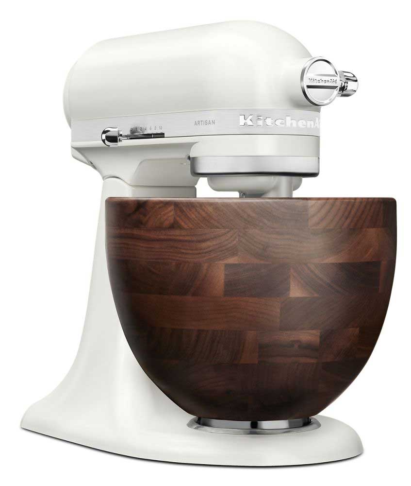Front Angled view of Artisan 5 Qt. Stand Mixer with Walnut Wood Bowl