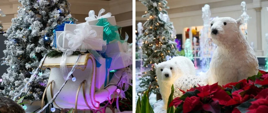 The left photo is a snowy, twinkling Christmas tree and a sleigh full of wrapped gifts in the Abt atrium. The right photo is two polar bears standing next to a snowy, twinkling Christmas tree and poinsettias.