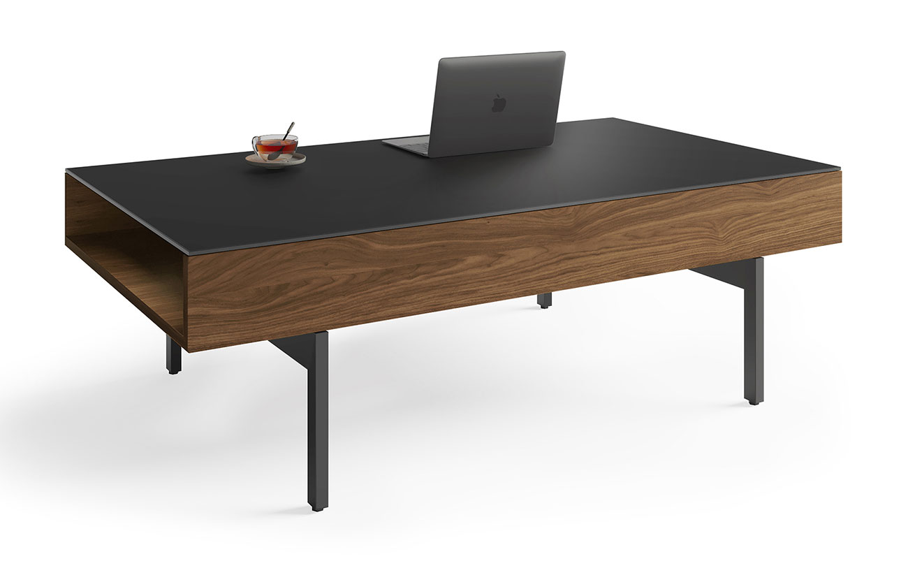 Natural Walnut Lift Coffee Table - Angled View With Accessories