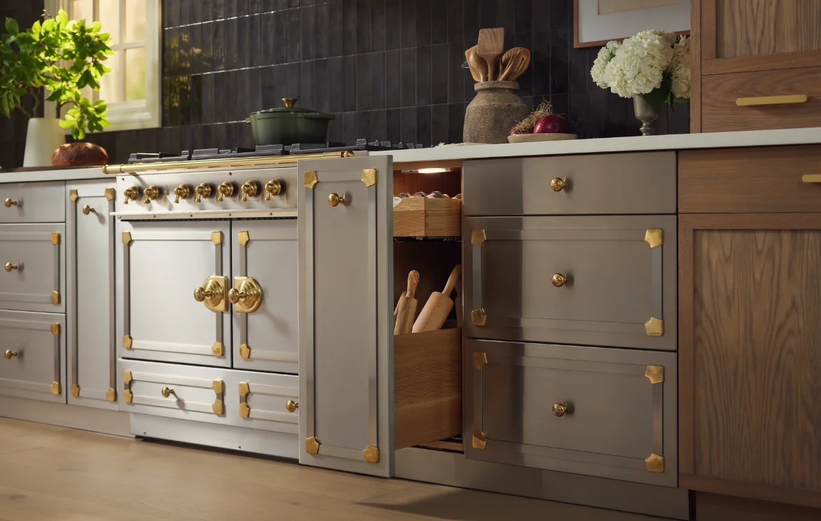 La Cornue Cornufe range with open cabinet drawer detail