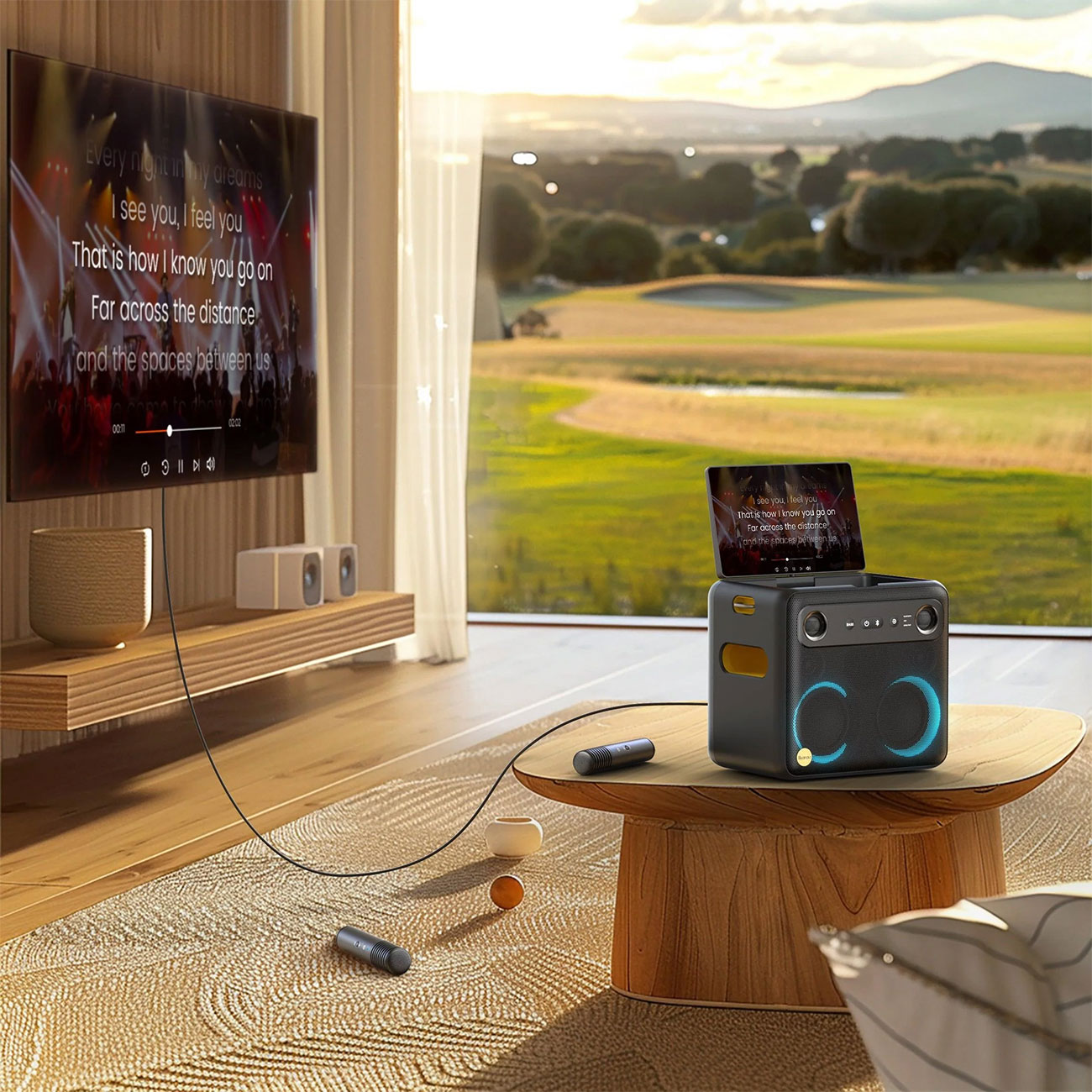 Front View of IKarao Portable Karaoke Machine in Living Room