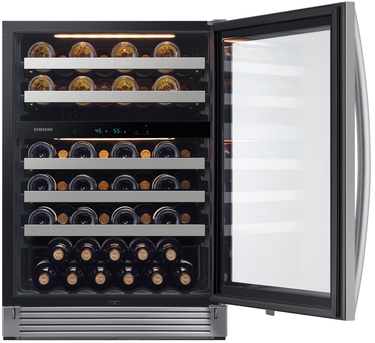 Front of cooler with door open and wine bottles inside.