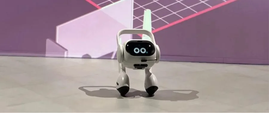 LG's Q9 AI Agent at CES 2024, with a purple background and pawprints behind it