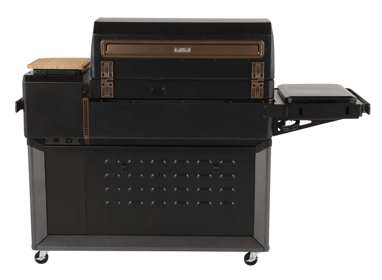 Traeger Wood Pellet Grill Showing the Back of the Lid and Side Burner
