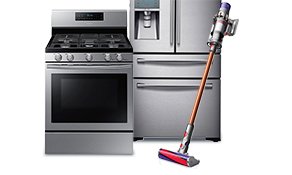 Home appliances showing range, refrigerator, and powered floor sweeper