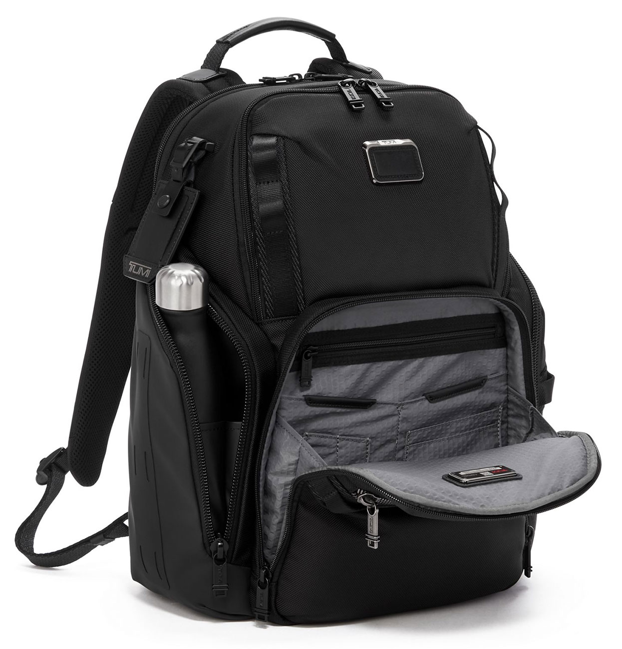 View of the TUMI Alpha Bravo Black Search Backpack Front and Side Unzipped 