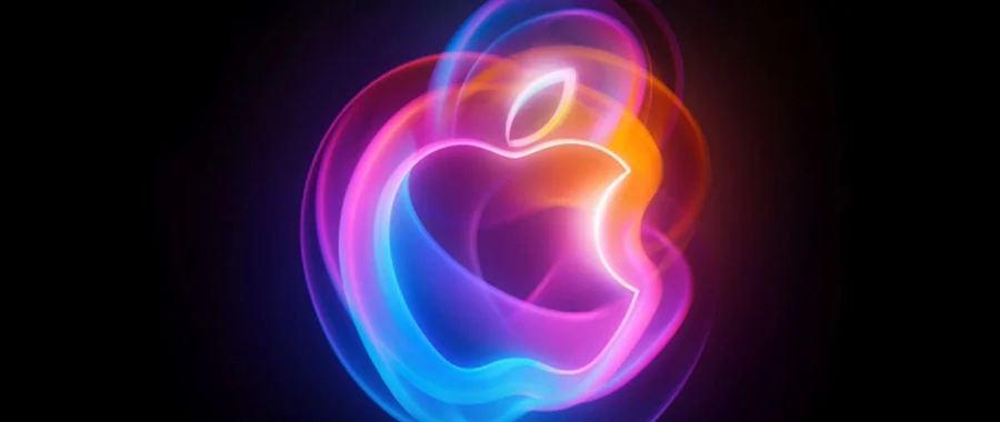 multicolor Apple logo with glow effect on black background