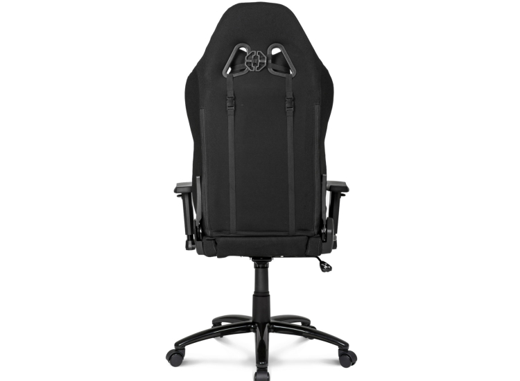 Black AKRACING racing chair with high back, head pillow, lumbar cushion, and adjustable armrests on a five-wheel base.