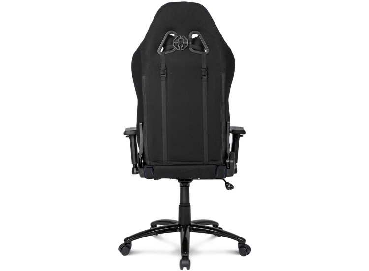 Black and blue ergonomic gaming chair with high back and head/neck support, racing-style design, brand AKRACING visible on headrest cushions