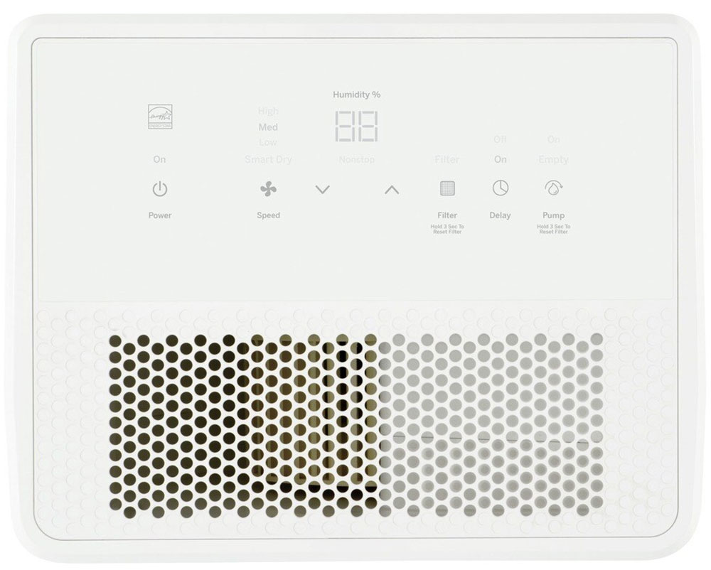 Overhead of Temperature Controls on a White 50 Pint Dehumidifier from Haier
