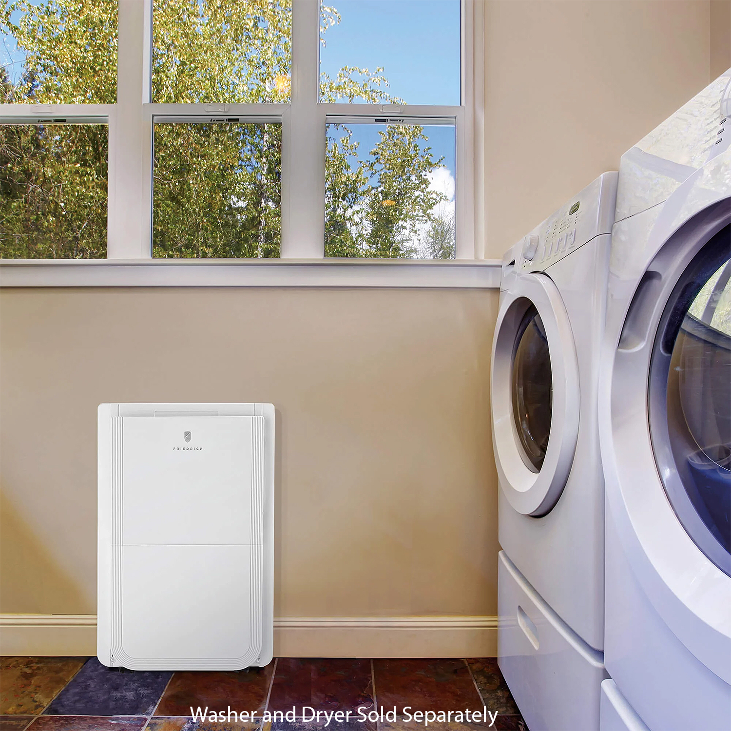 White Friedrich 35 Pint Dehumidifier in a Laundry Room 