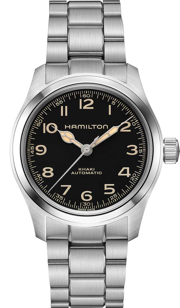 Front view of Hamilton Khaki Field Murph Watch with Black Dial