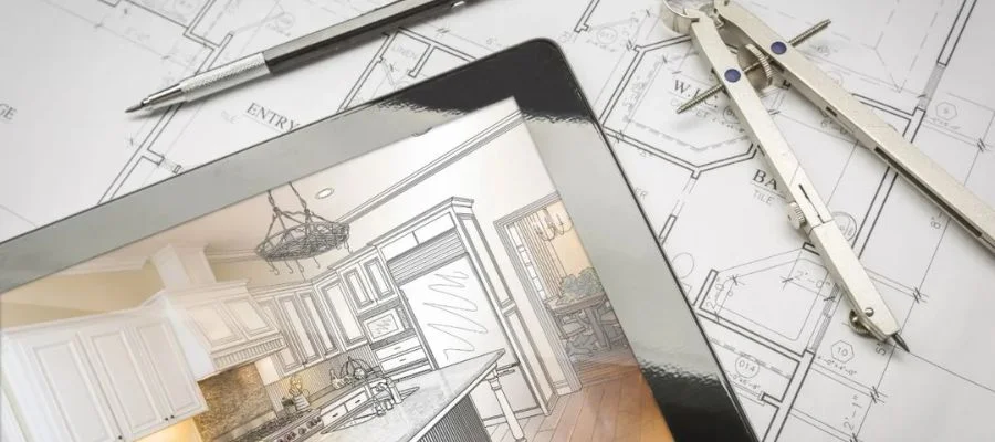 A tablet displaying a kitchen design sketch on top of a blueprint
