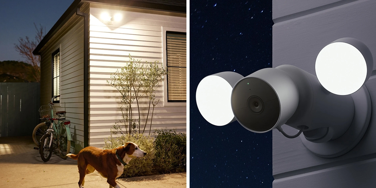 On the left is a floodlight security camera installed above a backyard with a bicycle and a pet dog, on the right is a close up of a white floodlight security camera installed outside at night time
