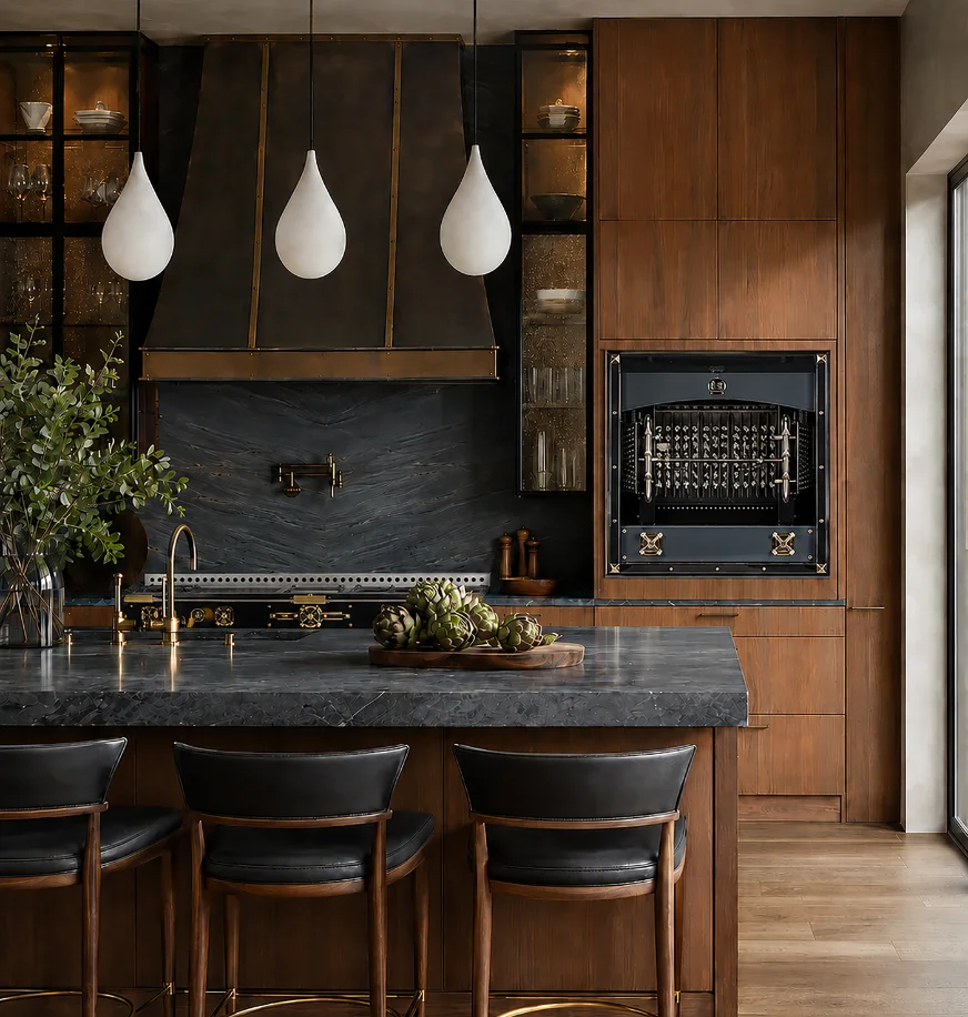 Black La Cornue range and built-in rotisserie in a wood-paneled kitchen with a dark stone island