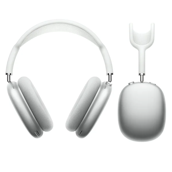 A white pair of Apple AirPods Max headphones viewed from the front angle and the side angle