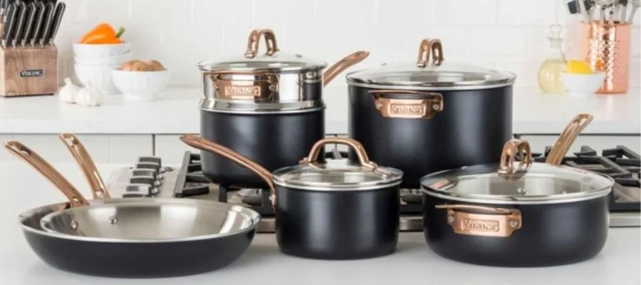 A collection of Viking cookware in a kitchen