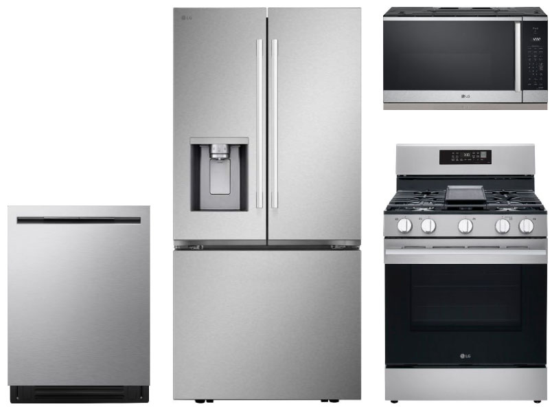 Front View of Stainless 4-Door Refrigerator, Range, Microhood and Dishwasher