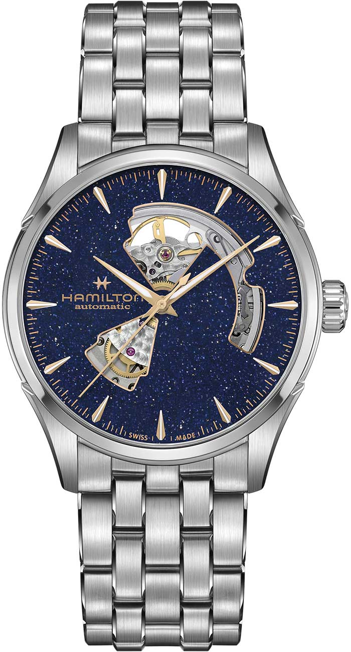 Front view of hamilton watch with blue dial
