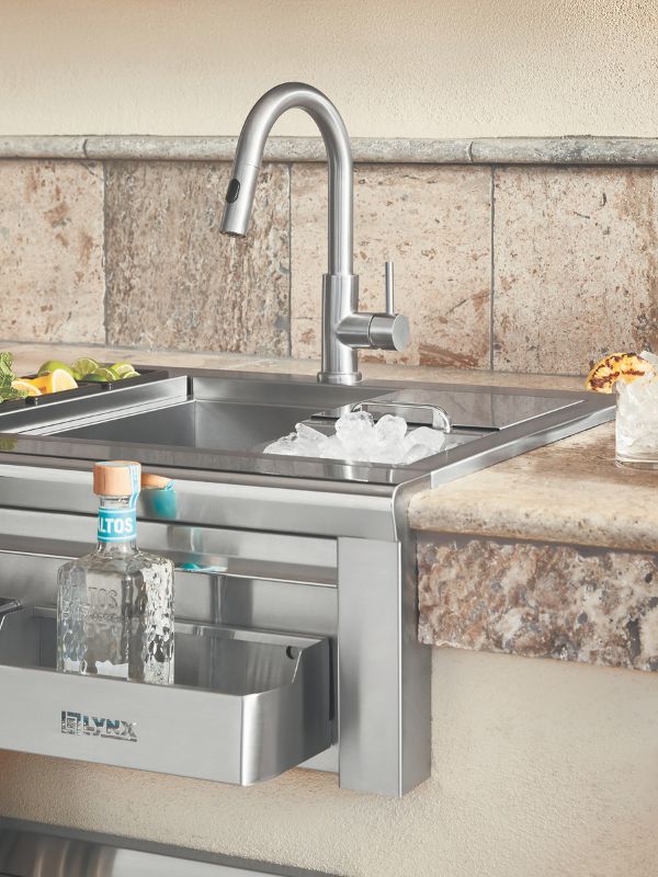 A close up detailed shot of the lynx outdoor sinks and faucet