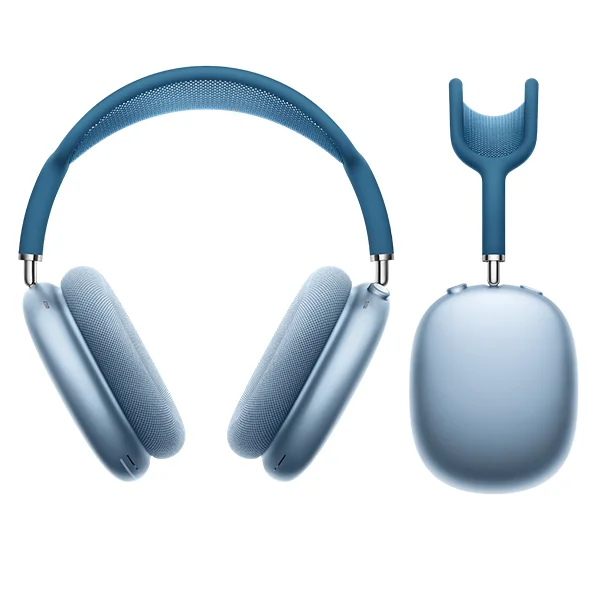 A blue pair of Apple AirPods Max headphones viewed from the front angle and the side angle