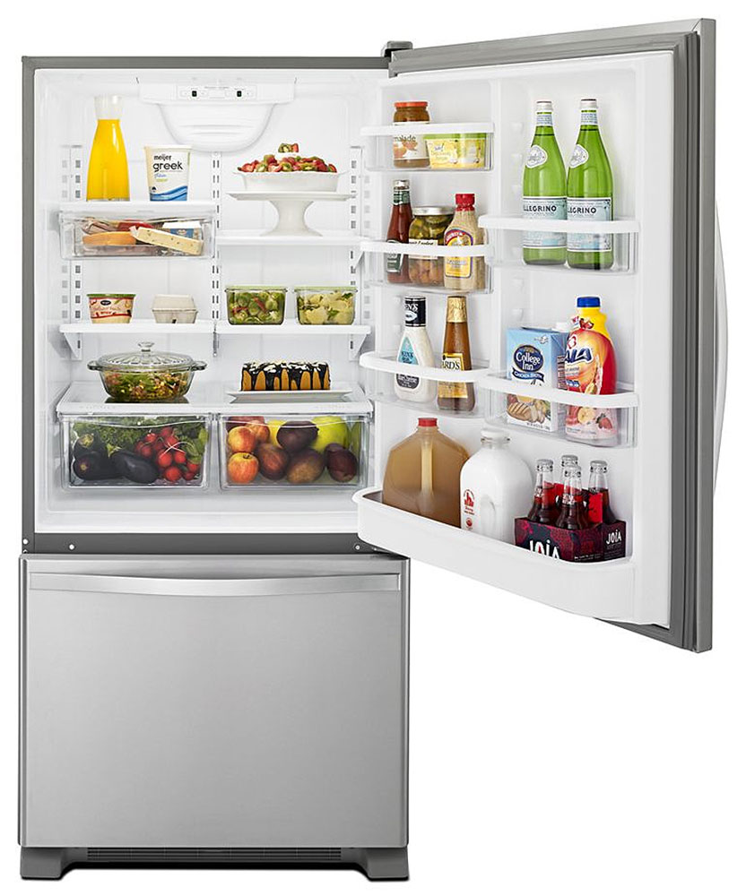 Stainless Steel Bottom Freezer Refrigerator with top door open and full inside
