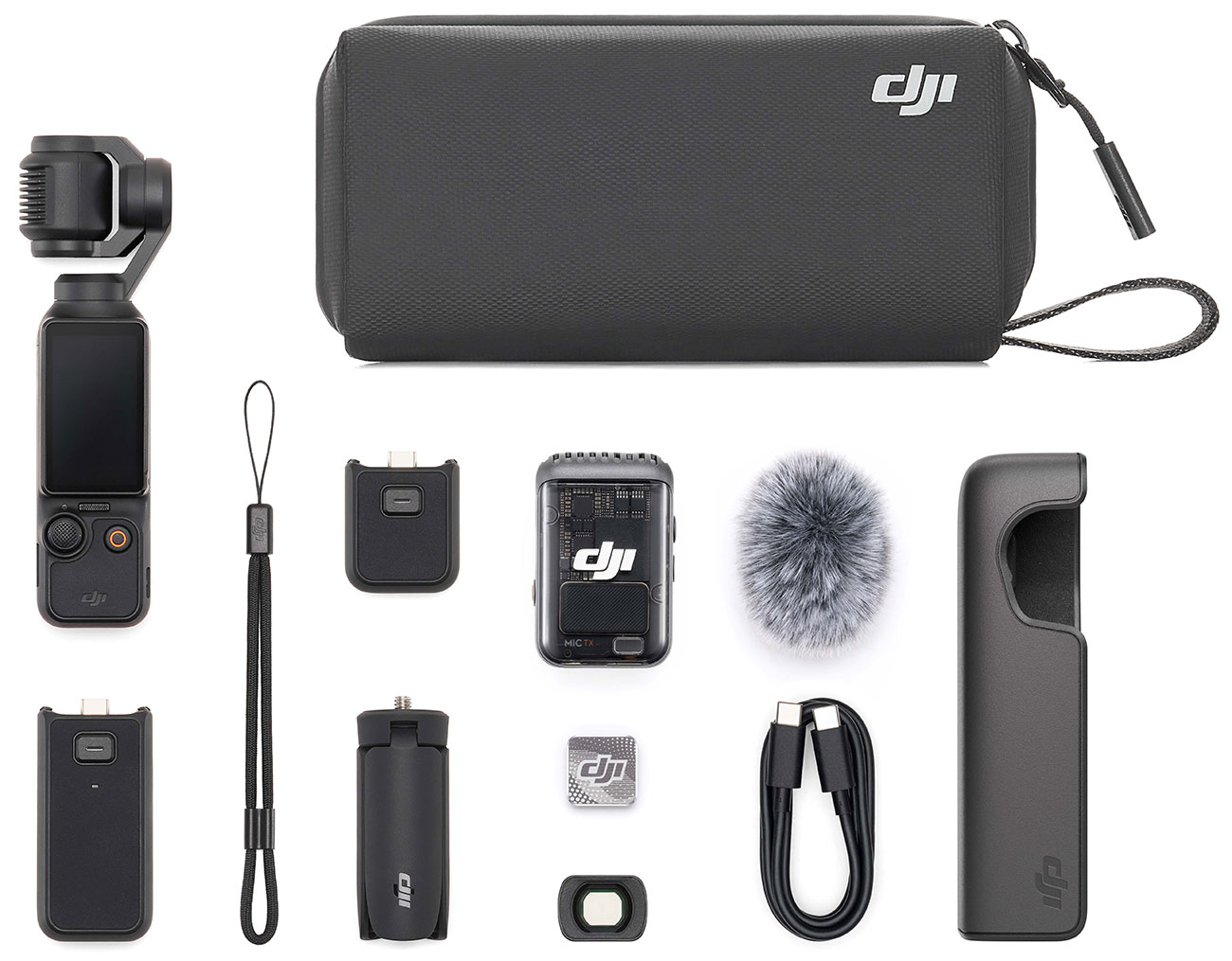 Top view of the DJI Osmo Pocket 3 Gimbal camera and included creator combo accessories
