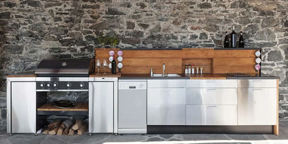 Modern Outdoor Kitchen Against Brick Wall